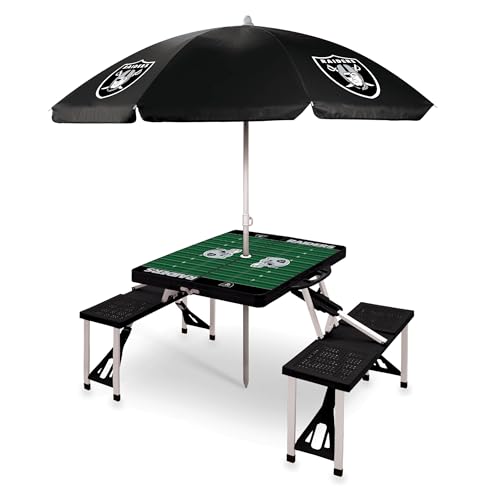 PICNIC TIME NFL Las Vegas Raiders Picnic Table Portable Folding Table with Seats and Umbrella