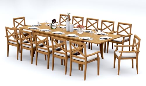 TeakStation 12 Seater Grade-A Teak Wood 13 Pc Dining Set: 122" Atnas Double Extension Rectangle Table and 12 Granada Stacking Arm Chairs #31GR2812