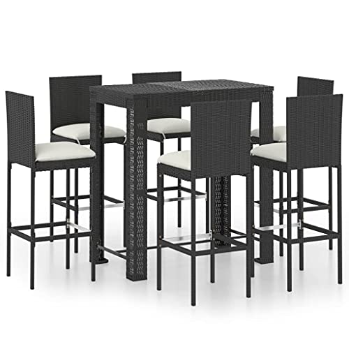 vidaXL 7 Piece Patio Bar Set with Cushions Poly Rattan Black