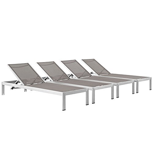 Modway Shore Aluminum Textilene® Mesh Outdoor Patio Chaise Lounge Chairs Set of Four Grey