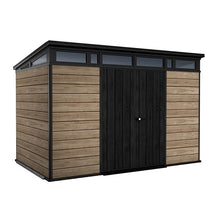 Keter Signature Collection 11x7 Ft All-Weather Storage Shed with Skylight, Window, Built-in Ventilation, & Lockable Double Doors, Pine