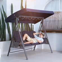 Patio Porch Swing with Adjustable Canopy, 3-Seat Swing Chair with Anti-Slip Foot Pads & Seat and Back Cushions, A-Frame Structure, for Backyard Lawn Garden Park(Blue)