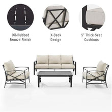 Afuera Living 4-Piece Outdoor Sofa Set, Steel Metal Frame, Oatmeal Cushions, Oil Rubbed Bronze Finish, Includes Sofa, Coffee Table, 2 Armchairs, Weatherproof Polyester, Seating for 5
