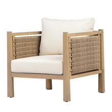 Christopher Knight Home Set of 4 Outdoor Acacia Wood Patio Chairs with PE Wicker Woven Armrests Beige Cushions Outdoor Lounge Armchair Set for Patio Deck Balcony Garden