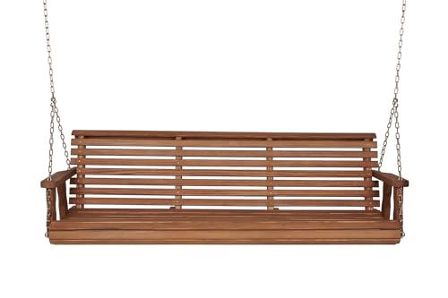 Amish Casual Heavy Duty 700 Lb Capacity Porch Swing (6 Foot, Oak Stain) – Wooden Outdoor Roll Back Swing with Hanging Chains – Amish Made in the USA