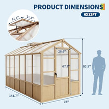 6x12 ft Wooden Walk-in Polycarbonate Greenhouse, Lockable Door, Brown