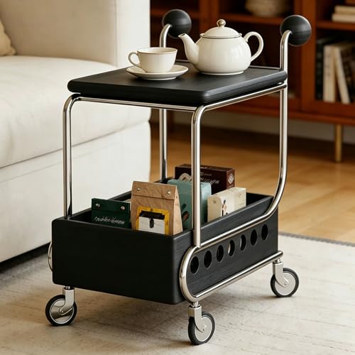 NABOOJ Wooden Mobile Storage Rolling Cart, Utility Rolling with Storage Basket, Rolling Side Table for Living Room, Bedroom, Kitchen