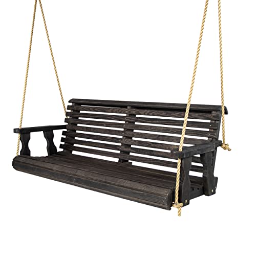 Amish Casual Heavy Duty 700 Lb Capacity Porch Swing (5 Foot, Semi-Solid Black Stain) – Wooden Outdoor Roll Back Swing with Hanging Ropes – Amish Made in the USA