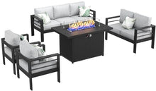 LayinSun Aluminum Furniture Set with Fire Pit Table, 5 Pieces Patio Sectional Chat Sofa Black
