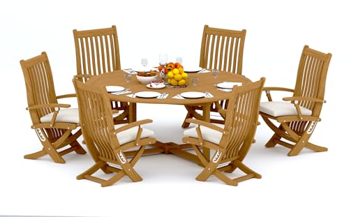 WholesaleTeak 6 Seats 7 Pcs Grade-A Teak Wood Dining Set: 72" Round Table and 6 Warwick Reclining Arm Chairs #11Wa1706