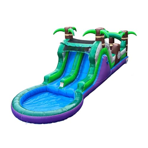 POP JUMP 28ft Tropical Inflatable Wet Dry Obstacle Dual Slide with Pool