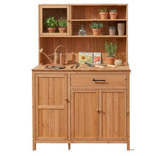 GDFStudio Elford Outdoor Storage Bench Table with Cabinet, Patio Wooden Potting Bench, Garden Storage Work Bench with Drawer, Cabinets, Adjustable Shelves, Hook and Countertop, Kitchen Island, Natural