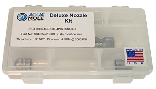 Aqua Mole 4pc Sewer Squad Deluxe Jetter Nozzle Kit 1/4in. NPT 3000 PSI 4.8 Orifice Thruster Flusher Degreaser & Roto Spinner