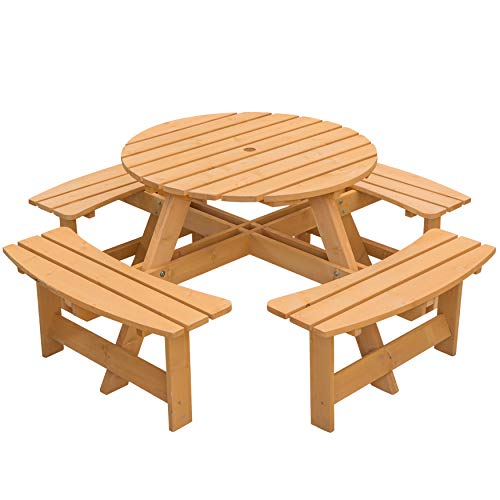 Wooden Outdoor Patio Garden Round Picnic Table with Bench, 8 Person (Stained)