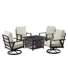 Oakland Living Black Aluminum Patio Fire Table Set with Four Club Chairs with Light Grey Cushions