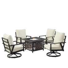 Oakland Living Black Aluminum Patio Fire Table Set with Four Club Chairs with Light Grey Cushions