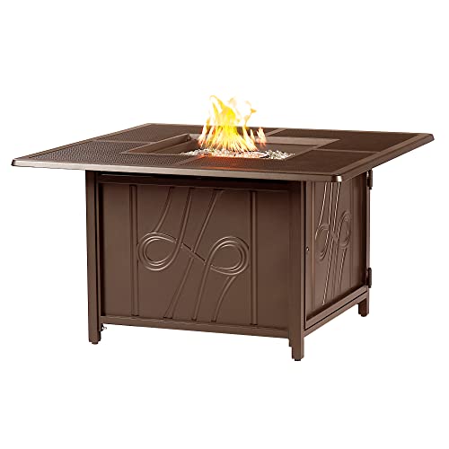 Oakland Living Square 42 in. x 42 in. Aluminum Propane Fire Pit Table with Glass Beads, Two Covers, Lid, 57,000 BTUs in Brown Finish