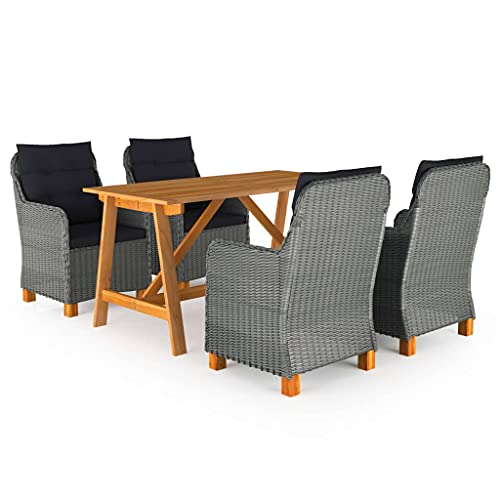 Heofavd 5-Piece Light Grey Outdoor Dining Set 55.1"x27.6" Acacia Wood Rectangular Patio Table with 4 Chairs & Cushions, Modern Garden Bistro Furniture for Backyard, Balcony, Lawn and Apartment