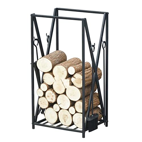 JDXQBLD Firewood Logs Storage Rack Holder with Tongs/Shovel/Brush/,Black Freestanding Iron Hearth Accessories Kit,Indoor/Outdoor/Stove Lumber Organizer