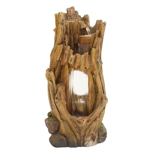 Alpine Corporation TZL338 Outdoor 3 Tier Waterfall Tree Trunk Floor Fountain with LED Lights for Patio, and Lawn Decor, 59 Inches Tall