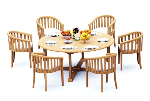 TeakFurnitureOutlet A-Grade Teak 7pc Dining 72" Round Table 6 Lenong Arm Chairs Set Outdoor Patio