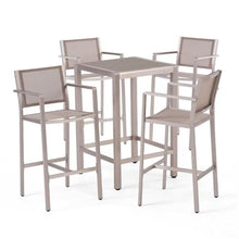 Noble House Cape Coral Outdoor 5 Piece Glass Top Aluminum Bar Set Grey