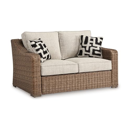 Benzara Tira Outdoor Loveseat, 57 Inch Handwoven Resin Wicker, Beige, Pillows