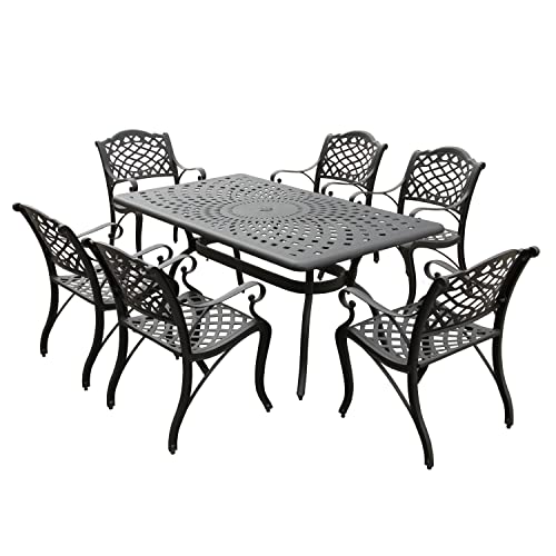 Oakland Living Modern Ornate Outdoor Mesh Aluminum Patio Dining Set with Six Chairs Black