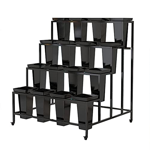 Wrought Iron Flower Display Stand with 16pcs Buckets, 4 Layers Metal Plant Stand with Wheels, Heavy Duty Moving Plant Cart Shelf, for Indoor, Outdoor Patio Garden, Florist (Color : Black)