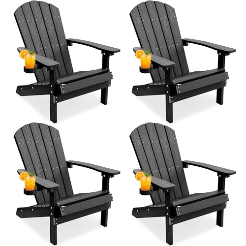YEFU Adirondack Chairs Set of 4 with Cup Holder, Weather Resistant, Black