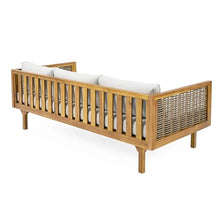 Merax 67.5" Outdoor Patio Daybed 3 Seater Sofa Bed,Acacia Wood Frame with Rattan Arm,Cushion & Pillow for Pool
