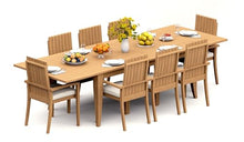 TeakStation 8 Seater Grade-A Teak Wood 9 Pc Dining Set: 122" Atnas Double Extension Rectangle Table and 8 Goa Stackng Arm Chairs #31GO2808