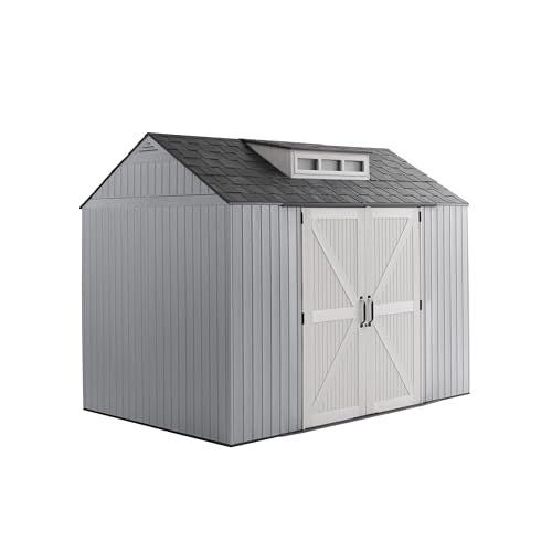 Rubbermaid Extra Large Resin Outdoor Storage Shed With Floor (7 x 10 Ft.), Weather Resistant, Gray, Organization for Home/Lawn Mower/Backyard Equipment/Bike Storage/Pool Supplies