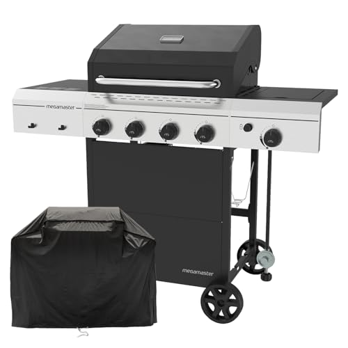 Megamaster Propane 4-Burner Gas Grill, Side Burner with Sturdy Grill Cover