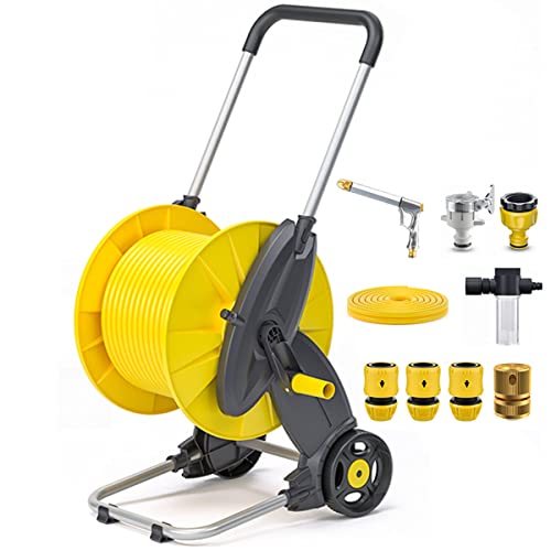 VIXARKO Portable Garden Hose Reel with Hose Nozzle and 15/20/25/30/40M Hose, Standing Or Wall Mounted Water Hose Reel Mobile Cart for Garden Watering and Car Washing