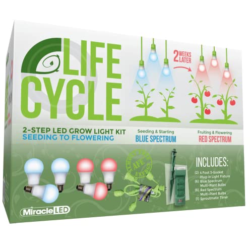 Miracle LED Plant Life Cycle 3-Socket Synchronized Grow Light Kit with 3 Blue Spectrum and 3 Red Spectrum Multi-Plant Bulbs with Sproutmatic Timer Controls (2 Pack)