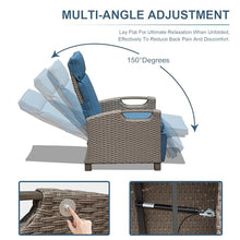 Navy Blue Outdoor Recliner Chair with Hand-Woven Wicker, Adjustable Angle Flip Table, Thick Cushions for Patio, Garden & Poolside