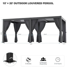 GS CHIER Outdoor Louvered Pergola 10' x 20' Black with Curtain
