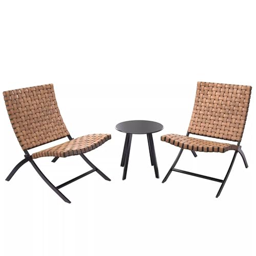 KPHYMOD 3 Piece Folding Chair Outdoor Bistro Sets with Wood Coffee Table Patio Conversation Furniture for Porch Balcony Lawn, Brown