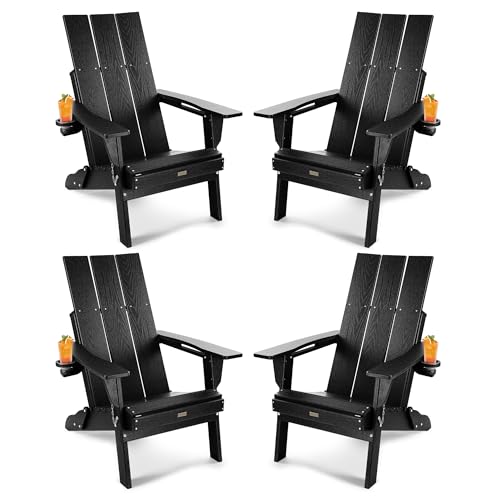 POWERWOOD Oversized HDPE Folding Adirondack Chairs Set of 4 with Cup Holder Black