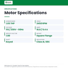 AO Smith/Century Electric Centurion PRO, Single Speed, 1.65HP, 3450RPM, 115/230V, 18.8/9.4 AMPS, 1SERVICE Factor, Square Flange