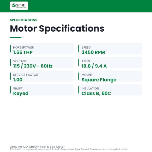 AO Smith/Century Electric Centurion PRO, Single Speed, 1.65HP, 3450RPM, 115/230V, 18.8/9.4 AMPS, 1SERVICE Factor, Square Flange