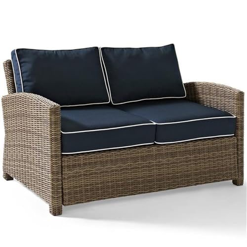 Afuera Living Modern Wicker Patio Loveseat, Brown and Navy Finish, 33" H x 56" W x 32.5" D, Steel Frame, UV-Resistant Outdoor Resin Wicker, Weather-Resistant Cushions, Comfortable Outdoor Seating
