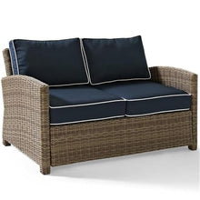 Afuera Living Modern Wicker Patio Loveseat, Brown and Navy Finish, 33" H x 56" W x 32.5" D, Steel Frame, UV-Resistant Outdoor Resin Wicker, Weather-Resistant Cushions, Comfortable Outdoor Seating