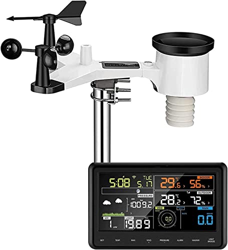 ALQPPM Wireless Wi-Fi Weather Station - Digital Weather Forecast with Screen, Rain Guage, Anemometer, Solar Powered