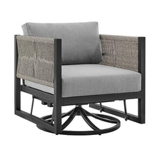 roomfitters Mareike Modern Outdoor Patio Swivel Glider Lounge Chair - Black Aluminum & Woven Rope 360 Rocker Armchair - All-Weather Gray Cushions - Rust-Proof Garden Seating