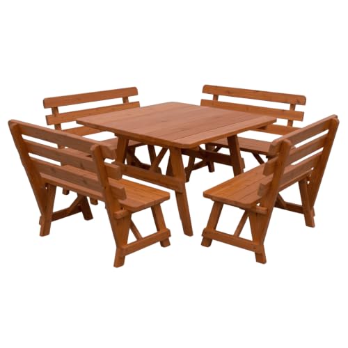 Keystone Amish Co. 43” Sq Table with 4 Red Cedar Backed Benches, Cedar Stain