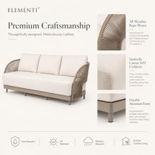 Outdoor Couch Elementi Malibu Patio Sofa, 3 Seat Outdoor Patio Furniture Sofa with Aluminum Rope Frame and Sunbrella Canvas 5453 Cushions, Taupe, 89.8 x 33.1 x 30.7 in