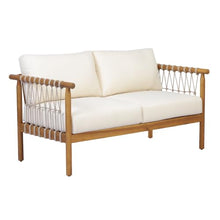 Seeheool Teak Finish Acacia Wood Beige Rope, Oversized Outdoor Lounge Loveseat for Patio, Backyard with Cream Cushions
