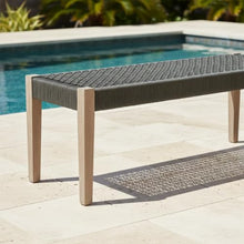 Hassyee Natural Eucalyptus Wood Frame Garden Bench w/Charcoal Woven Rope Seat for Backyard, All Weather Outdoor Patio Bench w/Solid Wood Frame & Open Weave Structure for Porch, Poolside